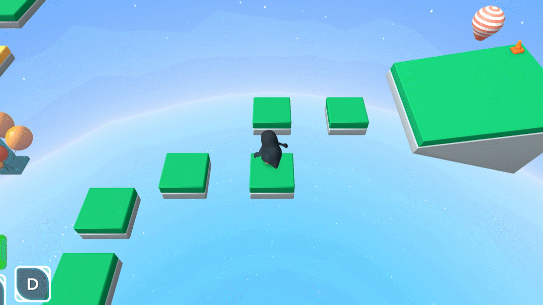 Animated gameplay showing the character crossing floating steps in a pastel sky course